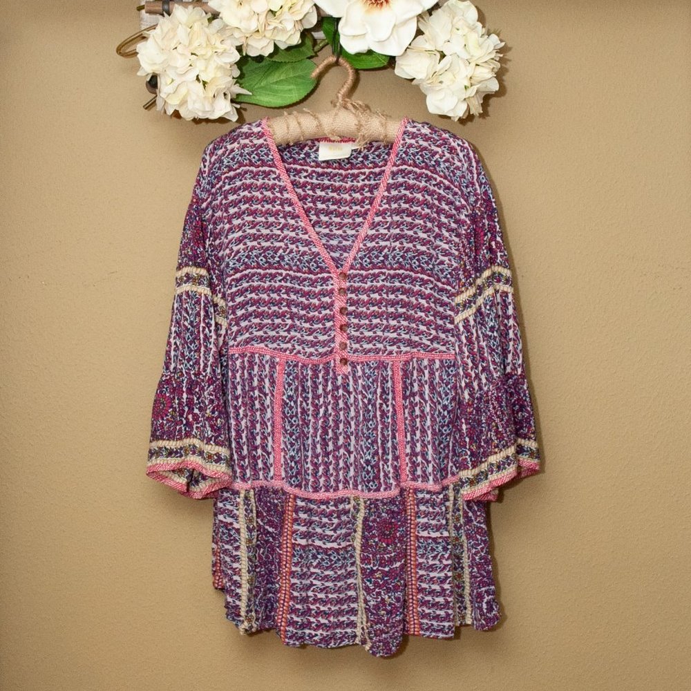 Maeve 100% Silk Bell Sleeve V-Neck Ruffle Tunic by Anthropologie size M